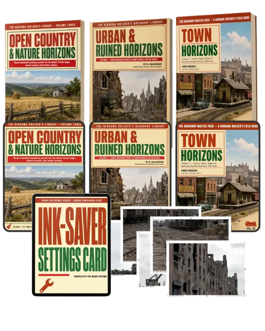 Diorama Backdrop Master Pack — three volume covers plus a tablet showing a backdrop behind an HO layout